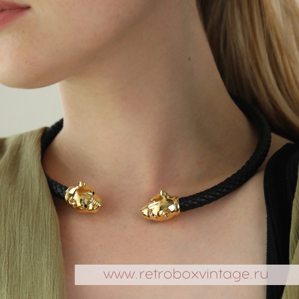 UVELINA Ожерелье-чокер "Золотые пантеры: черные кристаллы" плетеная кожа