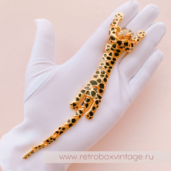 NO NAME Брошь наплечная "Леопард с зелеными глазами: голова с кристаллами" черная эмаль на золоте