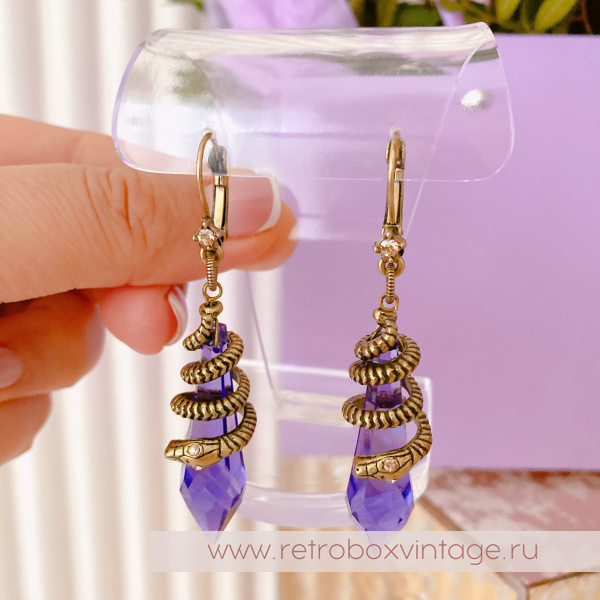 SWEET ROMANCE Серьги "Змейка и магический кристалл: аметист в бронзе" (с нюансом)