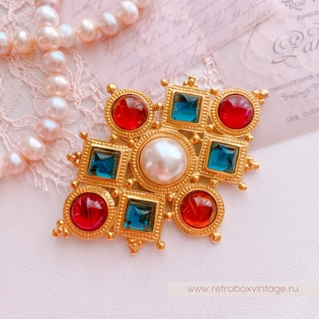 BEN AMUN Брошь "Византия" с цветными кабошонами и жемчугом