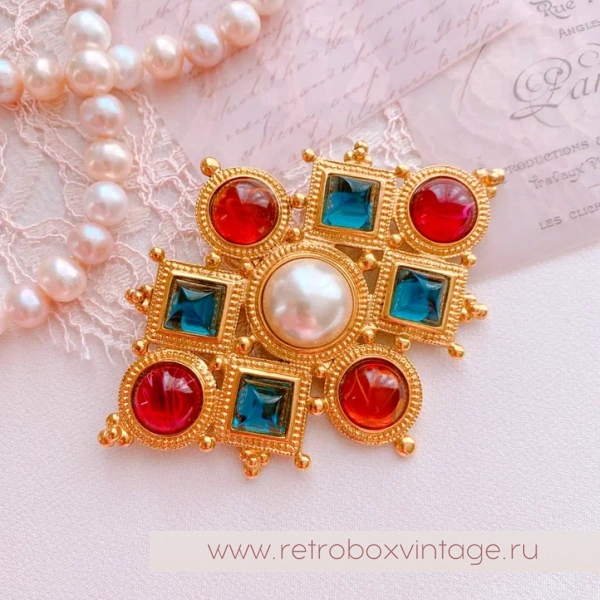 BEN AMUN Брошь "Византия" с цветными кабошонами и жемчугом