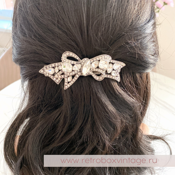 SWEET ROMANCE Заколка-автомат "Бант: прозрачные кристаллы в серебре"