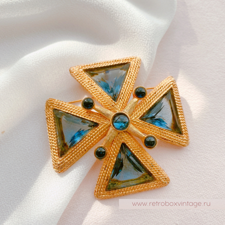 Брошь-кулон "Сапфировый кристальный мальтийский крест" (№1)