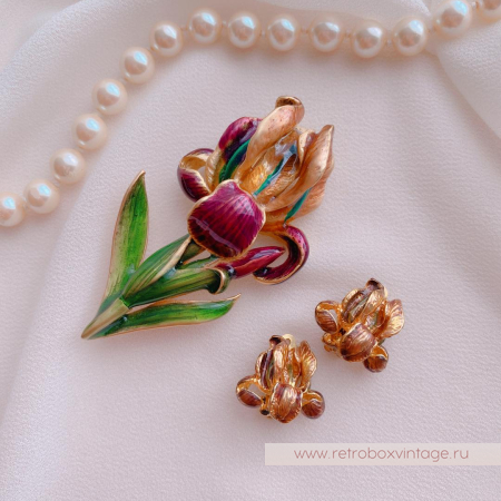 MFA Комплект «Фиолетовый ирис» брошь и клипсы (стерлинг)