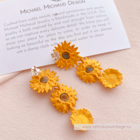 MICHAEL MICHAUD Серьги "Подсолнухи Ван Гога: три цветка" (янтарь, перидот)