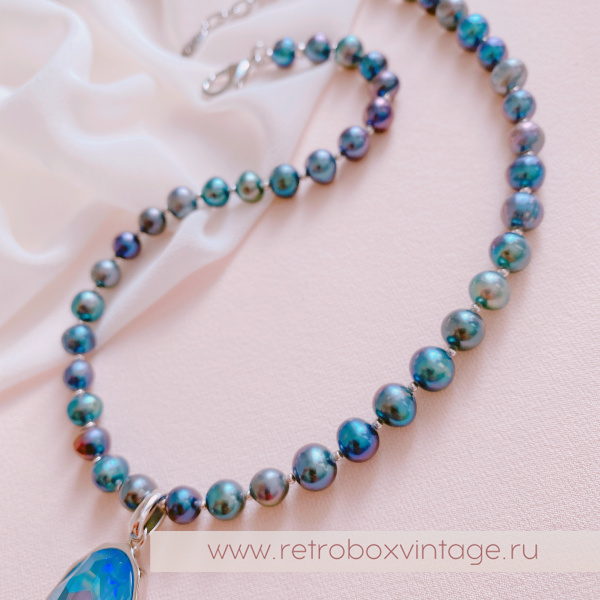 UVELINA Колье-бусы "Моя муза: голубой океан" с натуральным жемчугом