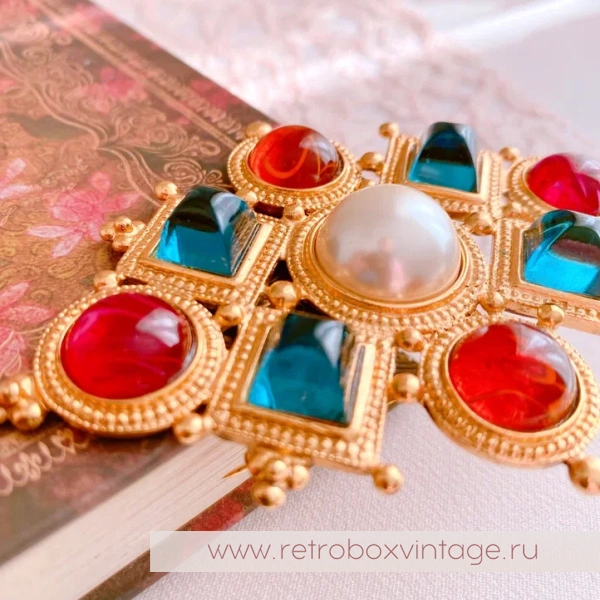 BEN AMUN Брошь "Византия" с цветными кабошонами и жемчугом