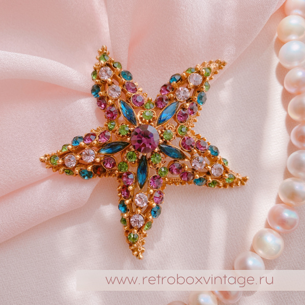 FLORENZA Брошь "Морская звезда: аметист-изумруд"