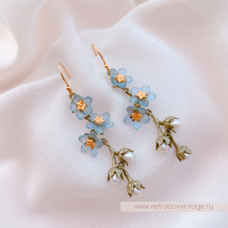 MICHAEL MICHAUD Серьги удлиненные "Три голубые незабудки с жемчугом"