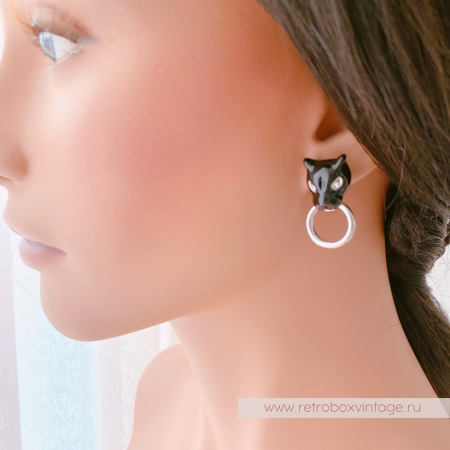 UVELINA Серьги "Черные пантеры с серебристым кольцом"