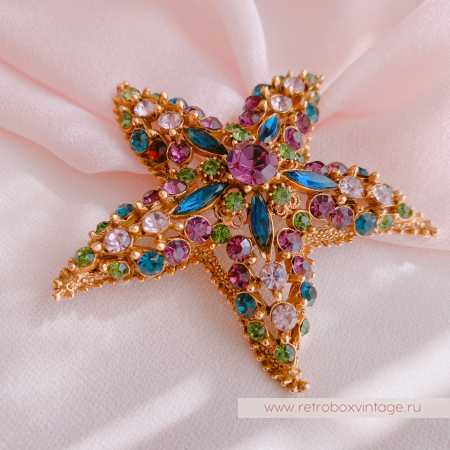 FLORENZA Брошь "Морская звезда: аметист-изумруд"