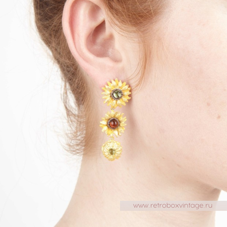 MICHAEL MICHAUD Серьги "Подсолнухи Ван Гога: три цветка" (янтарь, перидот)
