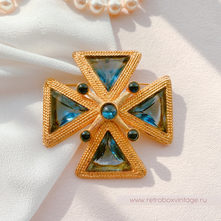 Брошь-кулон "Сапфировый кристальный мальтийский крест" (№1)