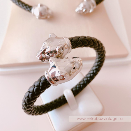 UVELINA Браслет "Серебристые пантеры: черные кристаллы" плетеная кожа