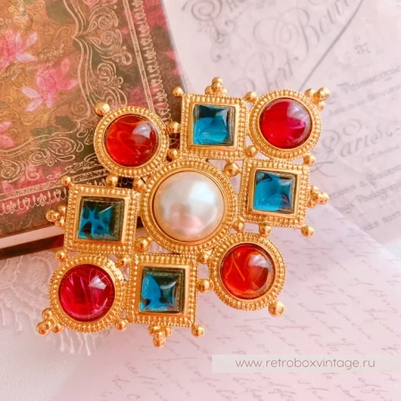 BEN AMUN Брошь "Византия" с цветными кабошонами и жемчугом