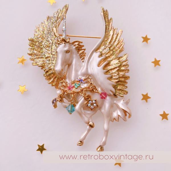 KIRKS FOLLY Брошь "Белый единорог с золотыми крыльями"