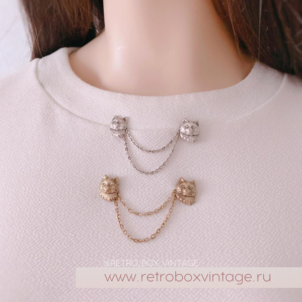 SWEET ROMANCE Брошь-стик "Два котенка: бронза" с цепочками-шатлен