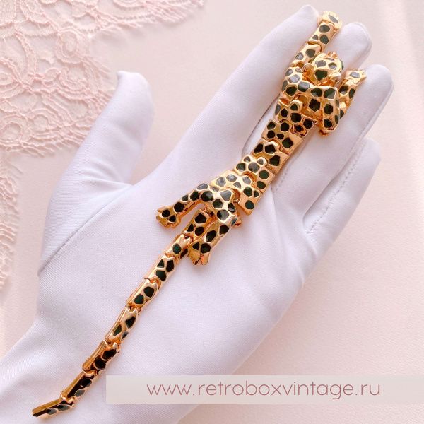 MR. GUS Брошь наплечная "Леопард с зелеными глазами" черная эмаль на золоте