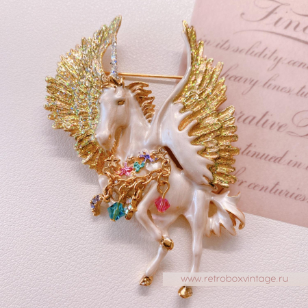 KIRKS FOLLY Брошь "Белый единорог с золотыми крыльями"