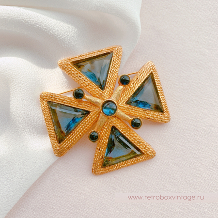 Брошь-кулон "Сапфировый кристальный мальтийский крест" (№1)