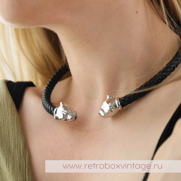 UVELINA Ожерелье-чокер "Серебристые пантеры: черные кристаллы" плетеная кожа