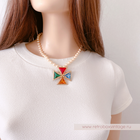 NO NAME Брошь-кулон «Тайны алхимии: кристальный цветной мальтийский крест»