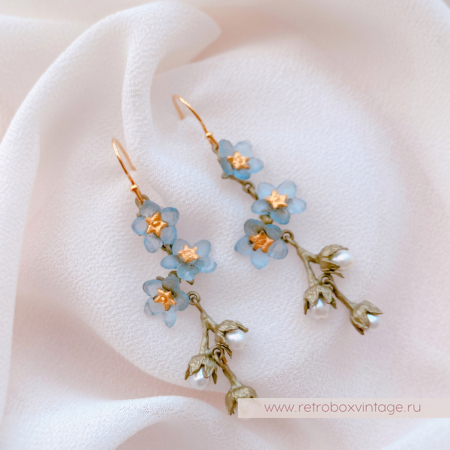 MICHAEL MICHAUD Серьги удлиненные "Три голубые незабудки с жемчугом"