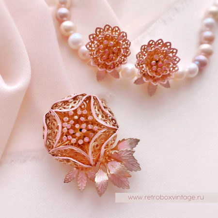 VENDOME Брошь и клипсы «Розовые ажурные хризантемы»
