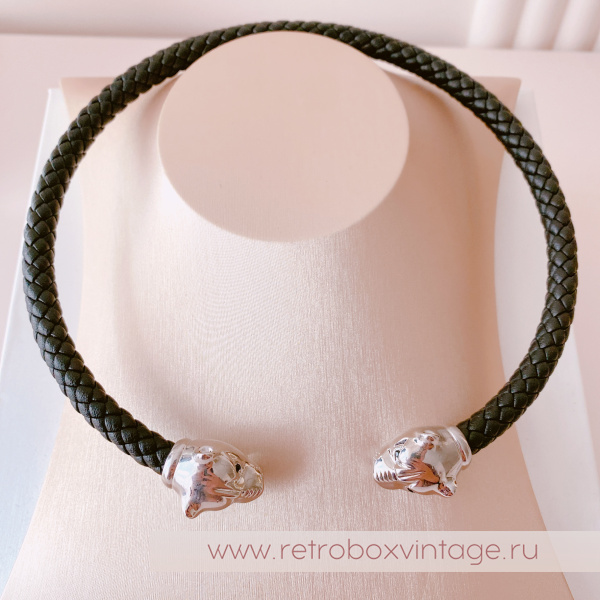 UVELINA Ожерелье-чокер "Серебристые пантеры: черные кристаллы" плетеная кожа