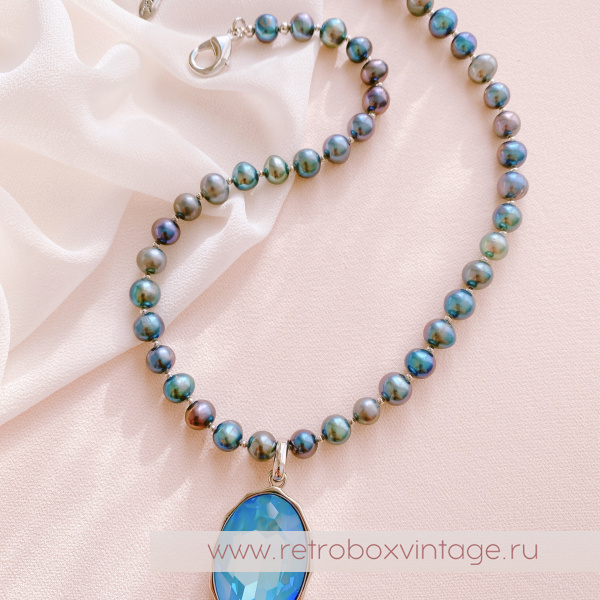 UVELINA Колье-бусы "Моя муза: голубой океан" с натуральным жемчугом