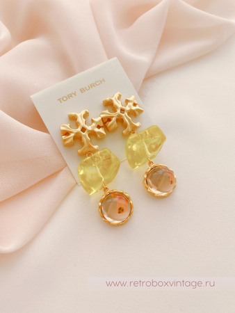 TORY BURCH Серьги-пусеты удлиненные «Роксана: прозрачные салатово-бежевые»
