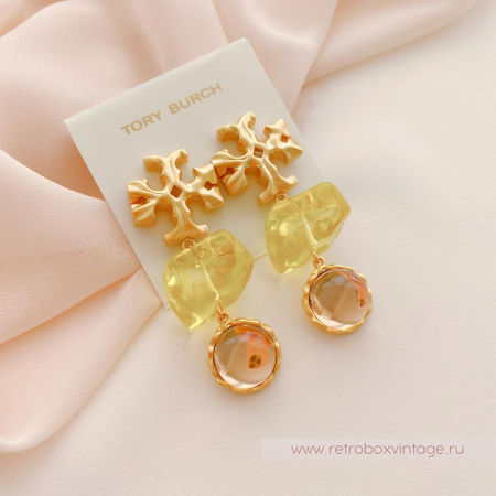 TORY BURCH Серьги-пусеты удлиненные «Роксана: прозрачные салатово-бежевые»