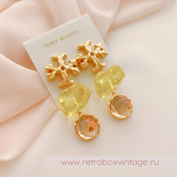TORY BURCH Серьги-пусеты удлиненные «Роксана: прозрачные салатово-бежевые»