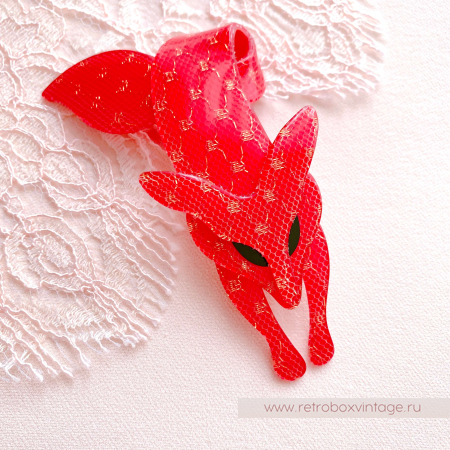 LEA STEIN Брошь "Лиса: красная кружевная" черные глазки