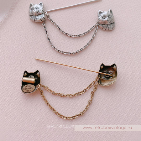 SWEET ROMANCE Брошь-стик "Два котенка: бронза" с цепочками-шатлен
