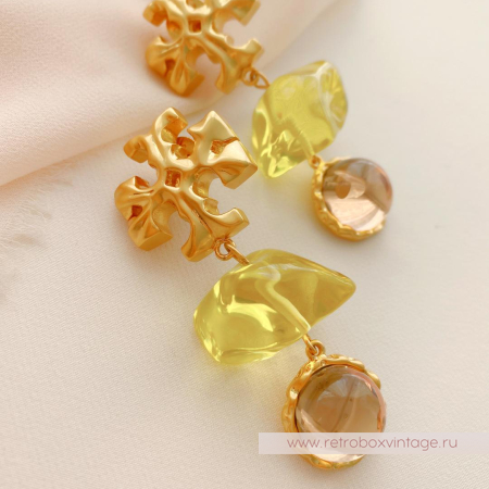 TORY BURCH Серьги-пусеты удлиненные «Роксана: прозрачные салатово-бежевые»