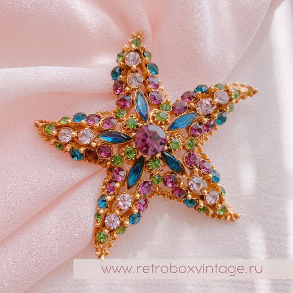FLORENZA Брошь "Морская звезда: аметист-изумруд"