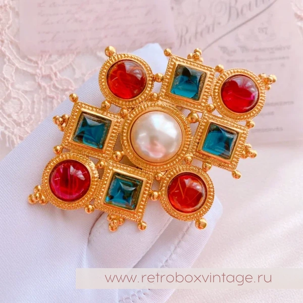 BEN AMUN Брошь "Византия" с цветными кабошонами и жемчугом