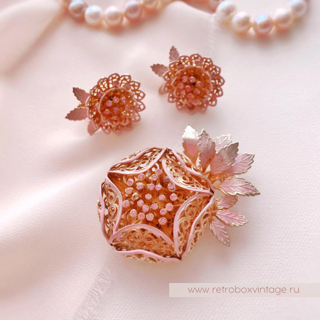 VENDOME Брошь и клипсы «Розовые ажурные хризантемы»