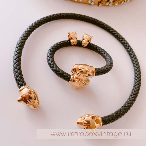UVELINA Браслет "Золотые пантеры: черные кристаллы" плетеная кожа