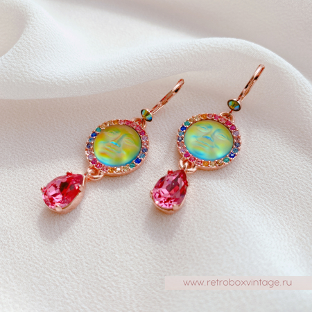 KIRKS FOLLY Серьги "Лунная роса: хамелеон иридис с малиновыми капельками в золоте"