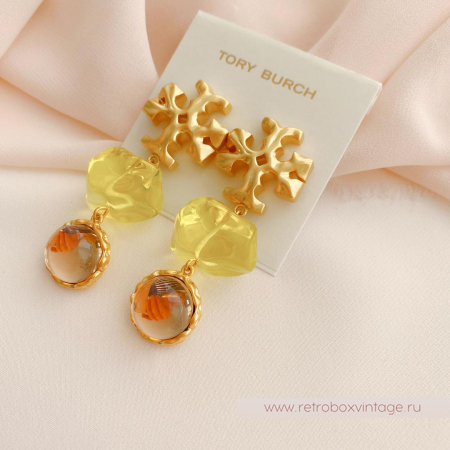 TORY BURCH Серьги-пусеты удлиненные «Роксана: прозрачные салатово-бежевые»