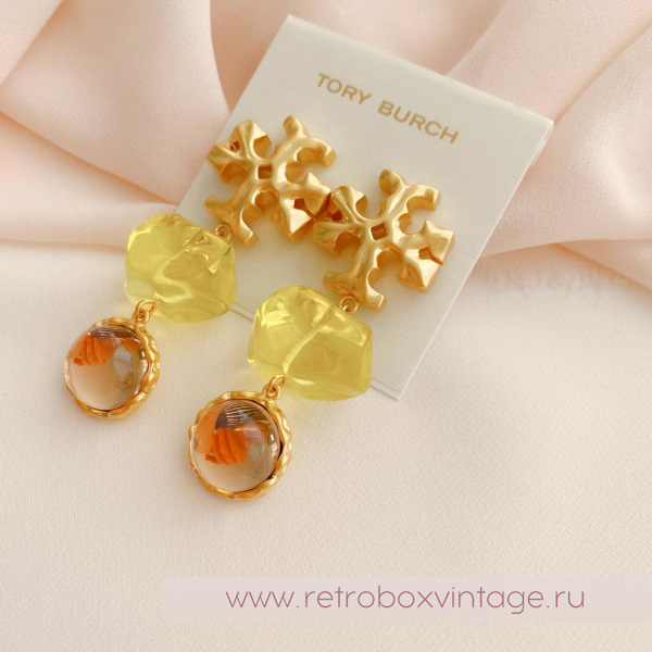 TORY BURCH Серьги-пусеты удлиненные «Роксана: прозрачные салатово-бежевые»