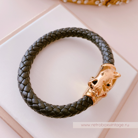 UVELINA Браслет "Золотые пантеры: черные кристаллы" плетеная кожа
