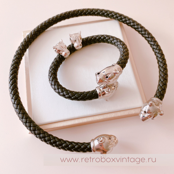 UVELINA Ожерелье-чокер "Серебристые пантеры: черные кристаллы" плетеная кожа