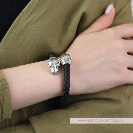 UVELINA Браслет "Серебристые пантеры: черные кристаллы" плетеная кожа