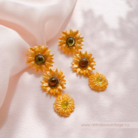 MICHAEL MICHAUD Серьги "Подсолнухи Ван Гога: три цветка" (янтарь, перидот)