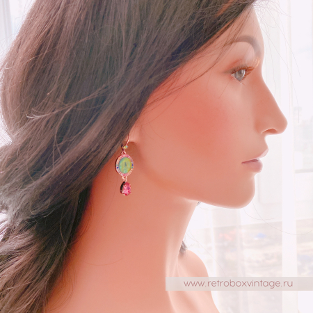 KIRKS FOLLY Серьги "Лунная роса: хамелеон иридис с малиновыми капельками в золоте"