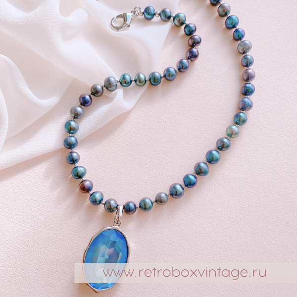 UVELINA Колье-бусы "Моя муза: голубой океан" с натуральным жемчугом