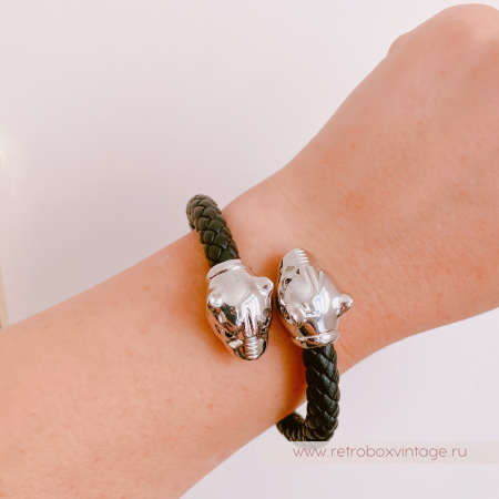 UVELINA Браслет "Серебристые пантеры: черные кристаллы" плетеная кожа